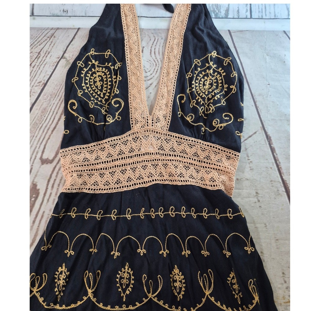 Venus Black Gold Embroidered Crochet Lace Halter Dress Small